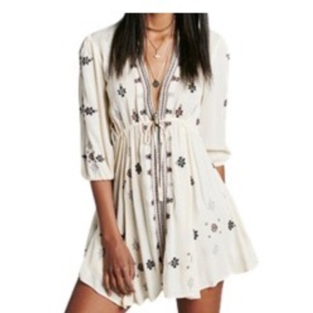Free People Star Gazer Embroidered Peasant Dress Beige Brown Size Medium